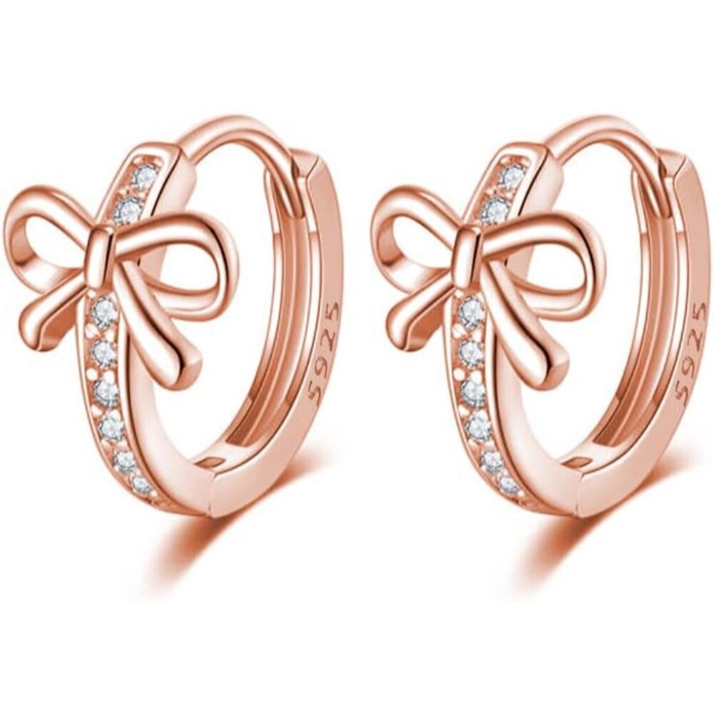 925 Sterling Silver Cz Bow Hoop Earrings For Women, Teen Girls, Pink